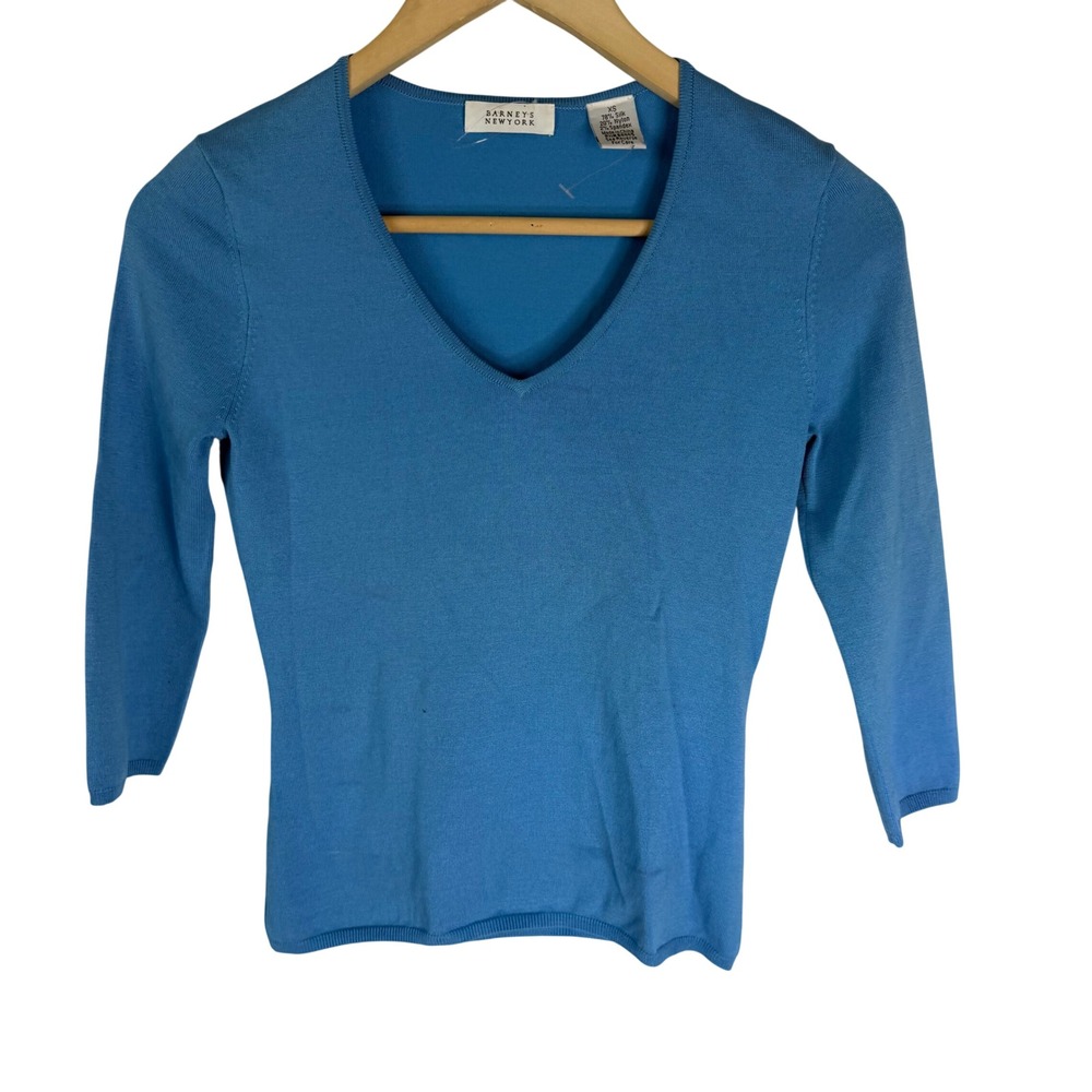Barneys New York Blue Silk Blend V-Neck 3/4 Sleeve Sweater XS